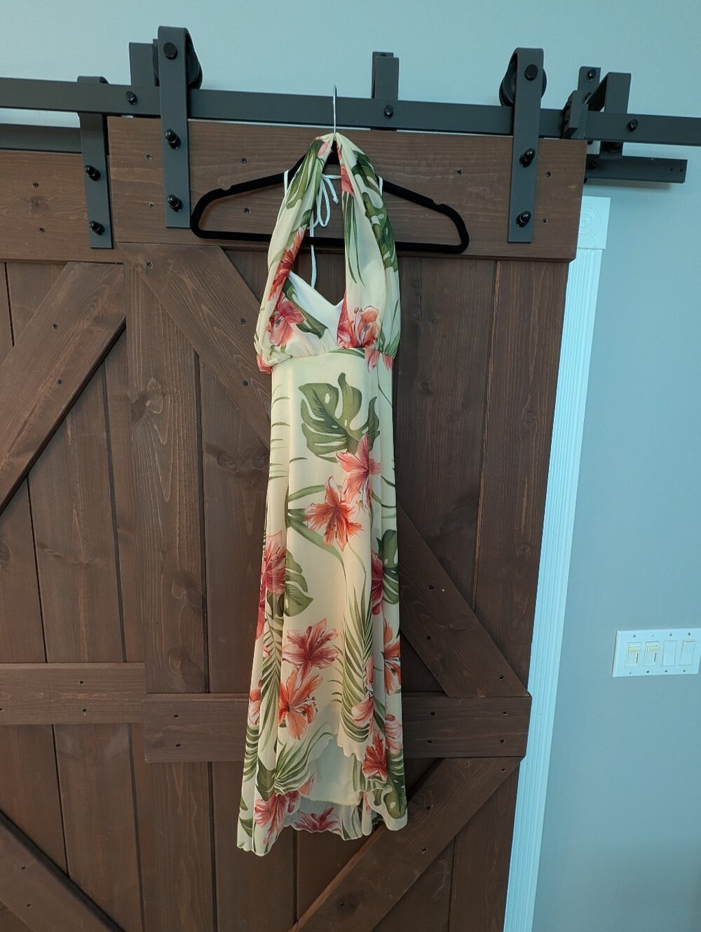 My Michelle Cream Halter Maxi Dress with Green and Pink Floral Print